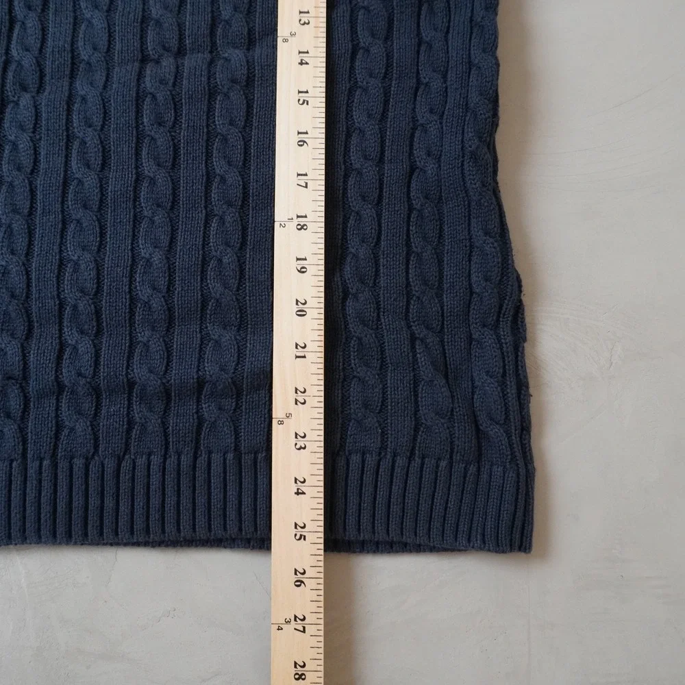 LL Bean Mens XL Navy Blue Cable Knit Cotton V-Neck Shawl Collar Sweater